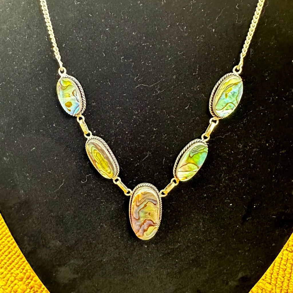Gorgeous Sterling Silver Vintage Abalone Necklace With Matching Earrings.